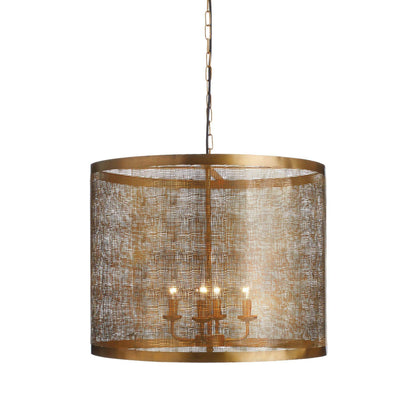 Antique Brass Drum Chandelier with Mesh Detail