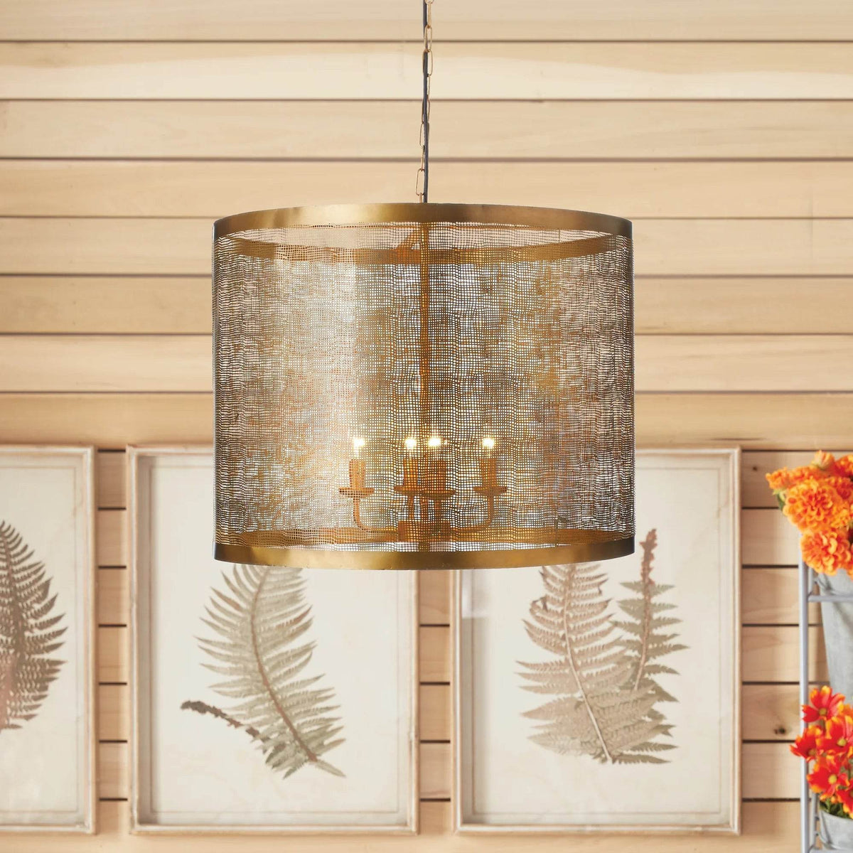 Antique Brass Drum Chandelier with Mesh Detail