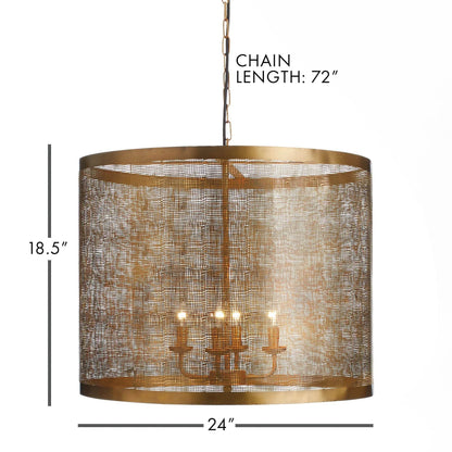 Antique Brass Drum Chandelier with Mesh Detail