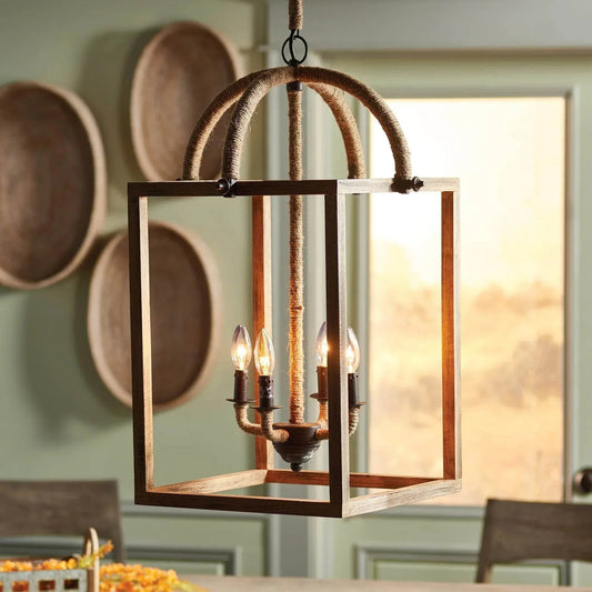 Rustic Mango Wood Chandelier with Jute-Wrapped Cord