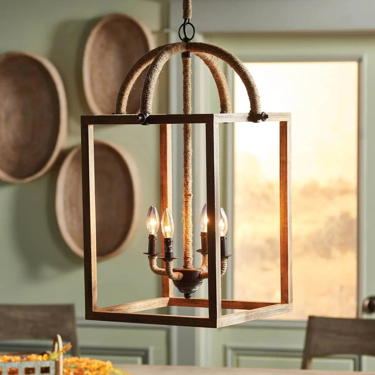 Rustic Mango Wood Chandelier with Jute-Wrapped Cord