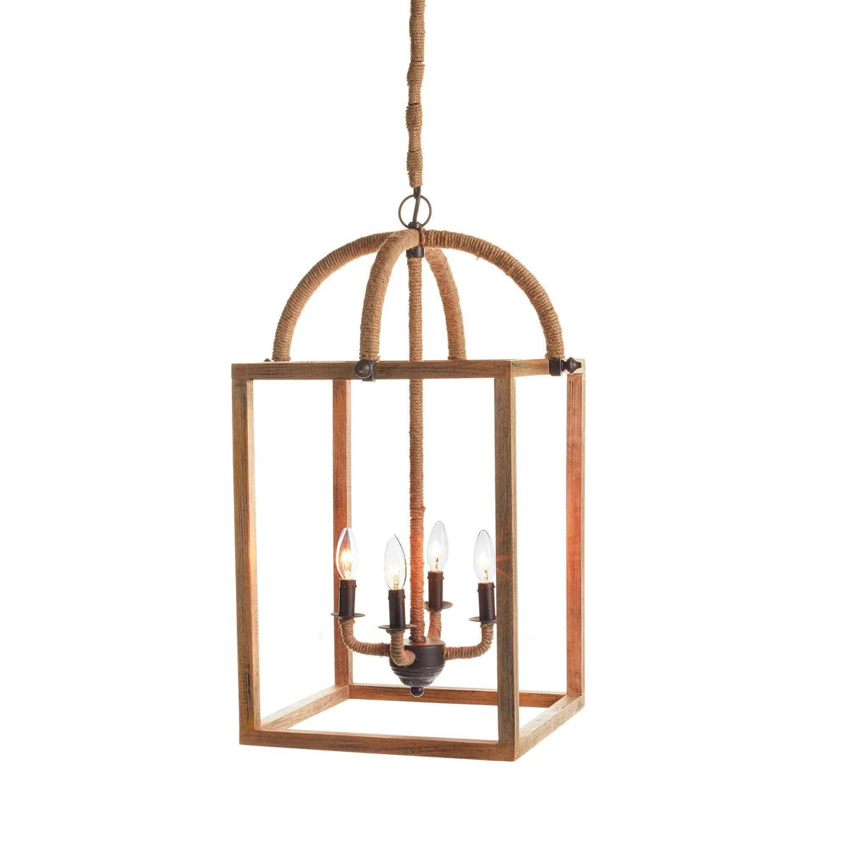 Rustic Mango Wood Chandelier with Jute-Wrapped Cord
