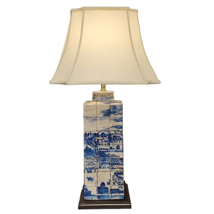 Blue & White Porcelain Village Table Lamp - 33 in