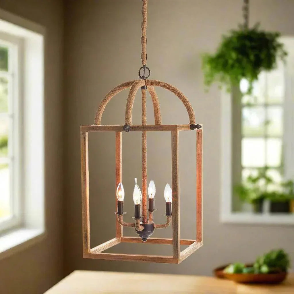 Rustic Mango Wood Chandelier with Jute-Wrapped Cord