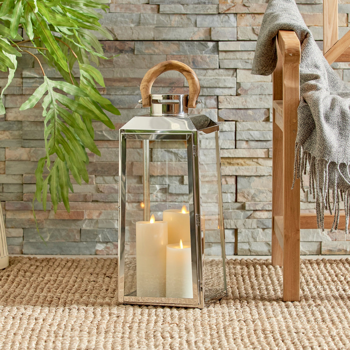 Stainless Steel Outdoor Lantern with Teak Handle