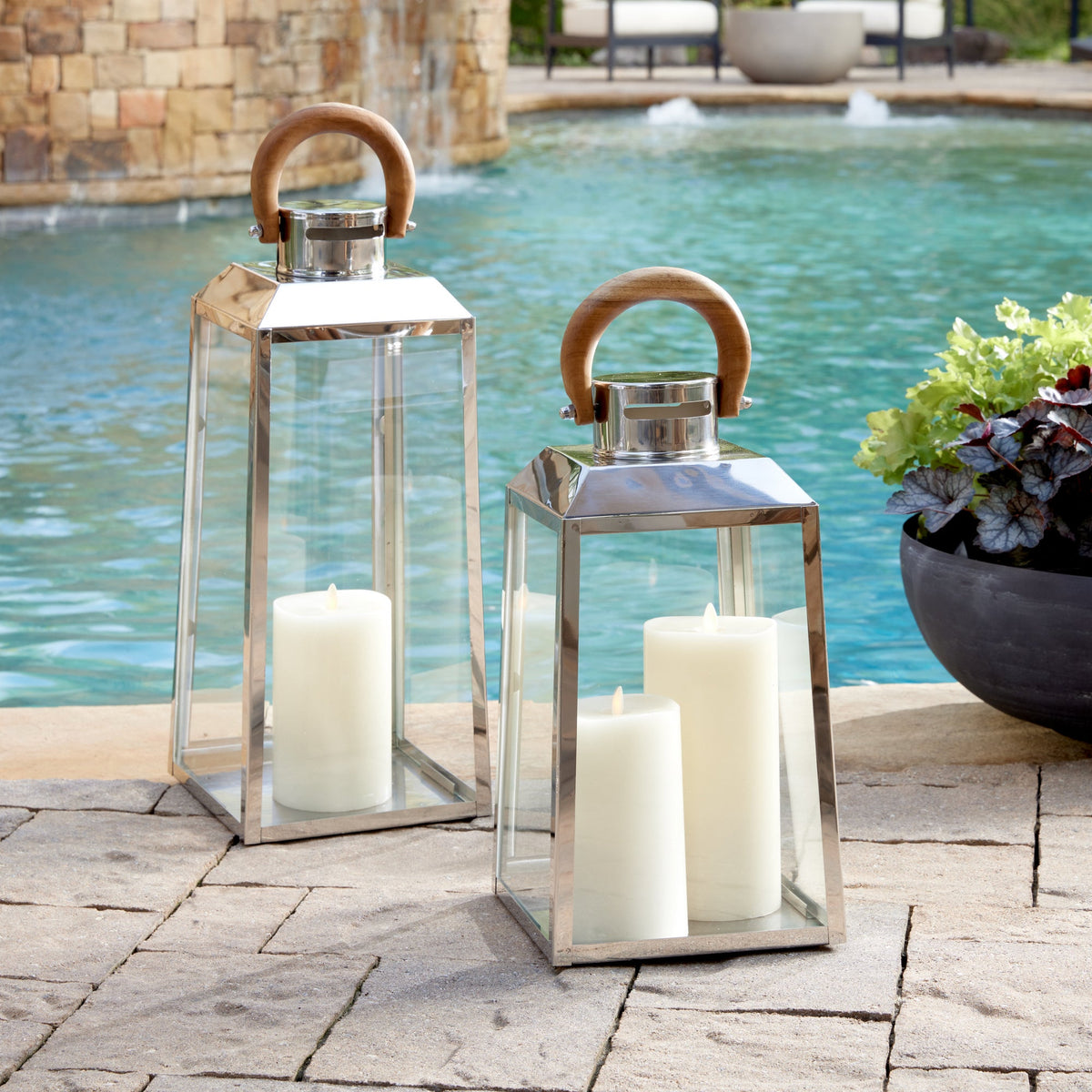 Stainless Steel Outdoor Lantern with Teak Handle
