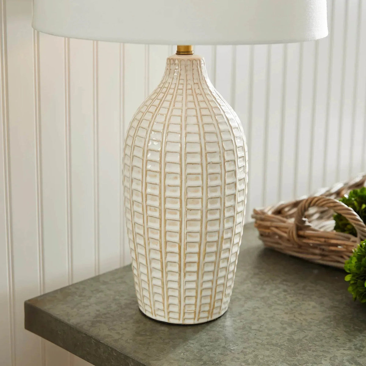 White Ceramic Table Lamp with Brass Accents