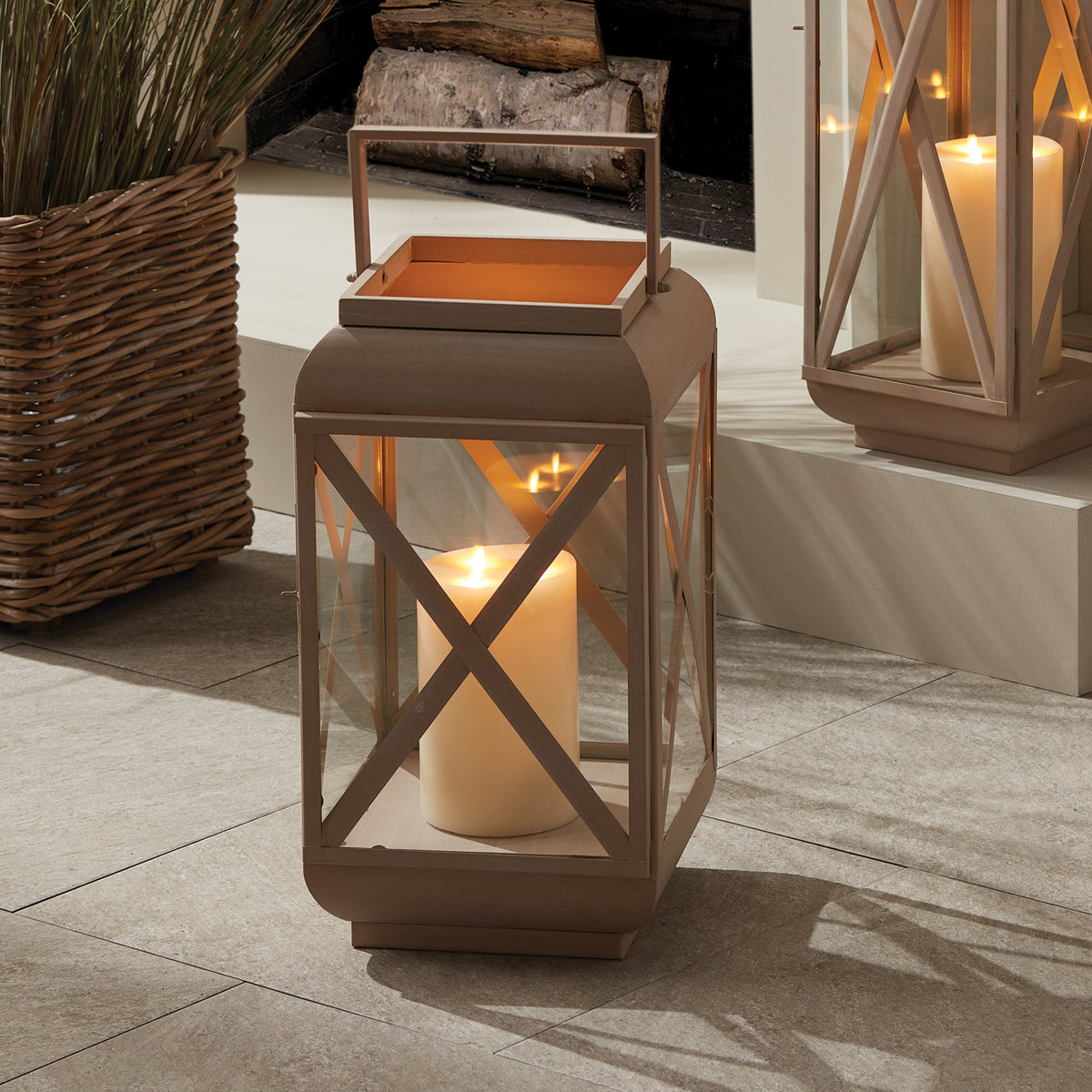 Sandstone-Finish Glass Outdoor Candle Lantern