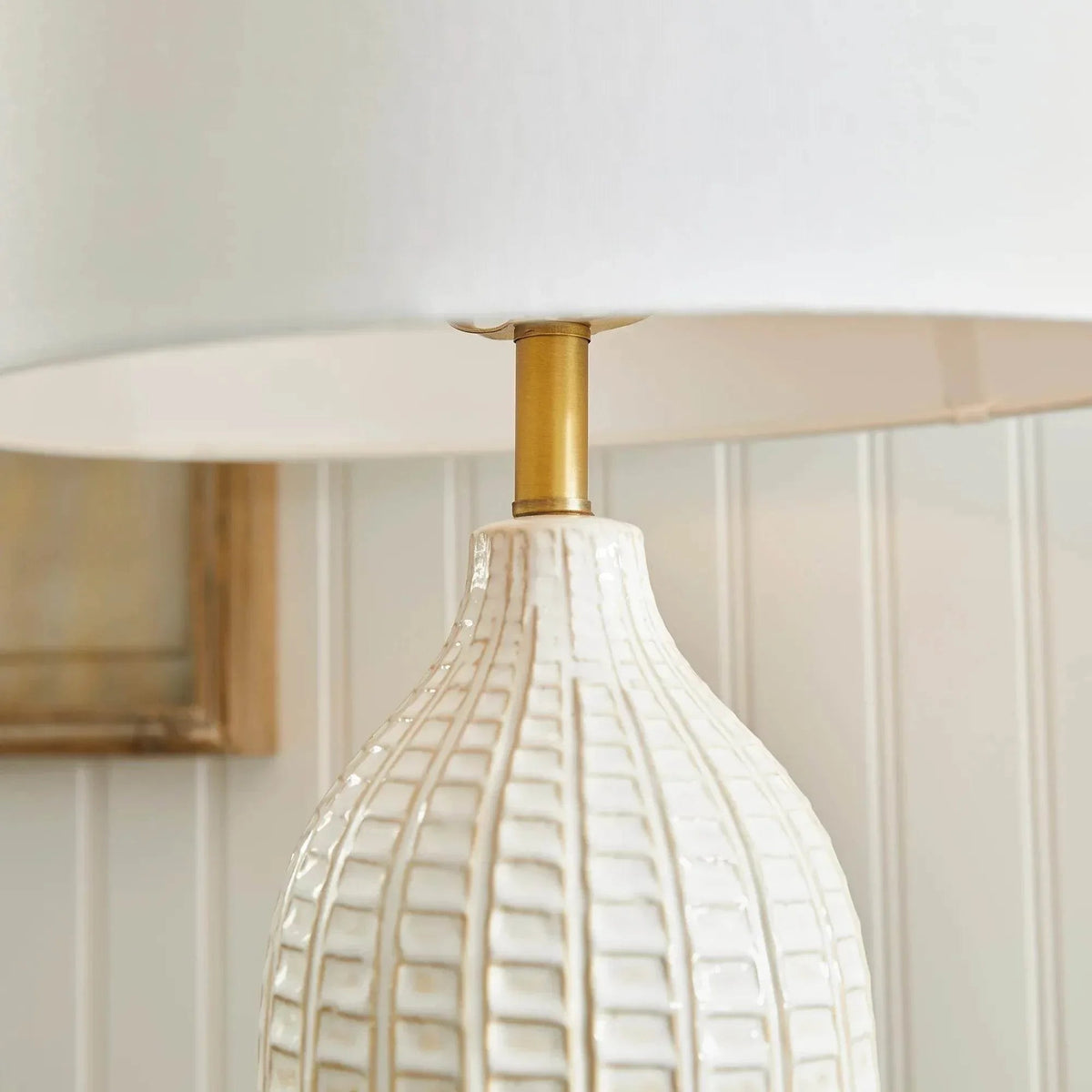 White Ceramic Table Lamp with Brass Accents