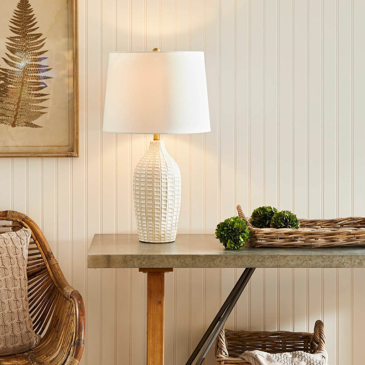 White Ceramic Table Lamp with Brass Accents
