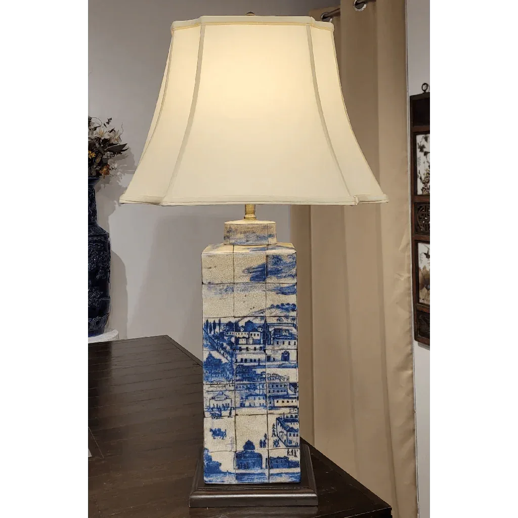 Blue & White Porcelain Village Table Lamp - 33 in