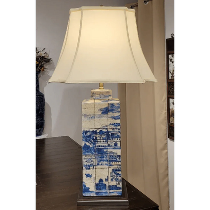 Blue & White Porcelain Village Table Lamp - 33 in