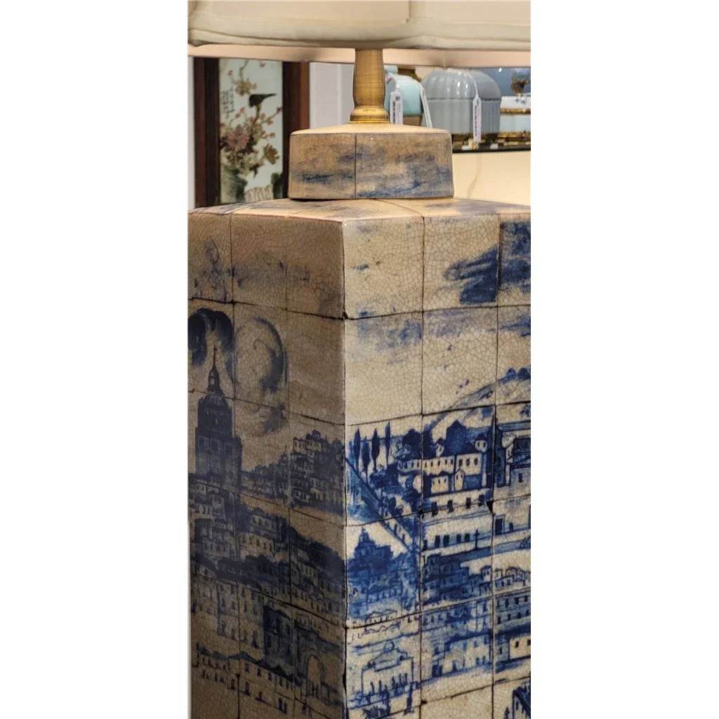 Blue & White Porcelain Village Table Lamp - 33 in